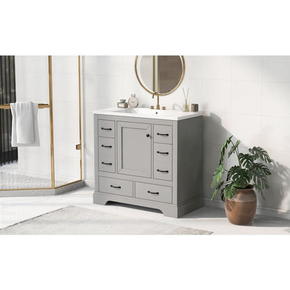 36" Bathroom Vanity with Sink Combo, Six Drawers, Multi-Functional Drawer Divider, Adjustable Shelf, Grey