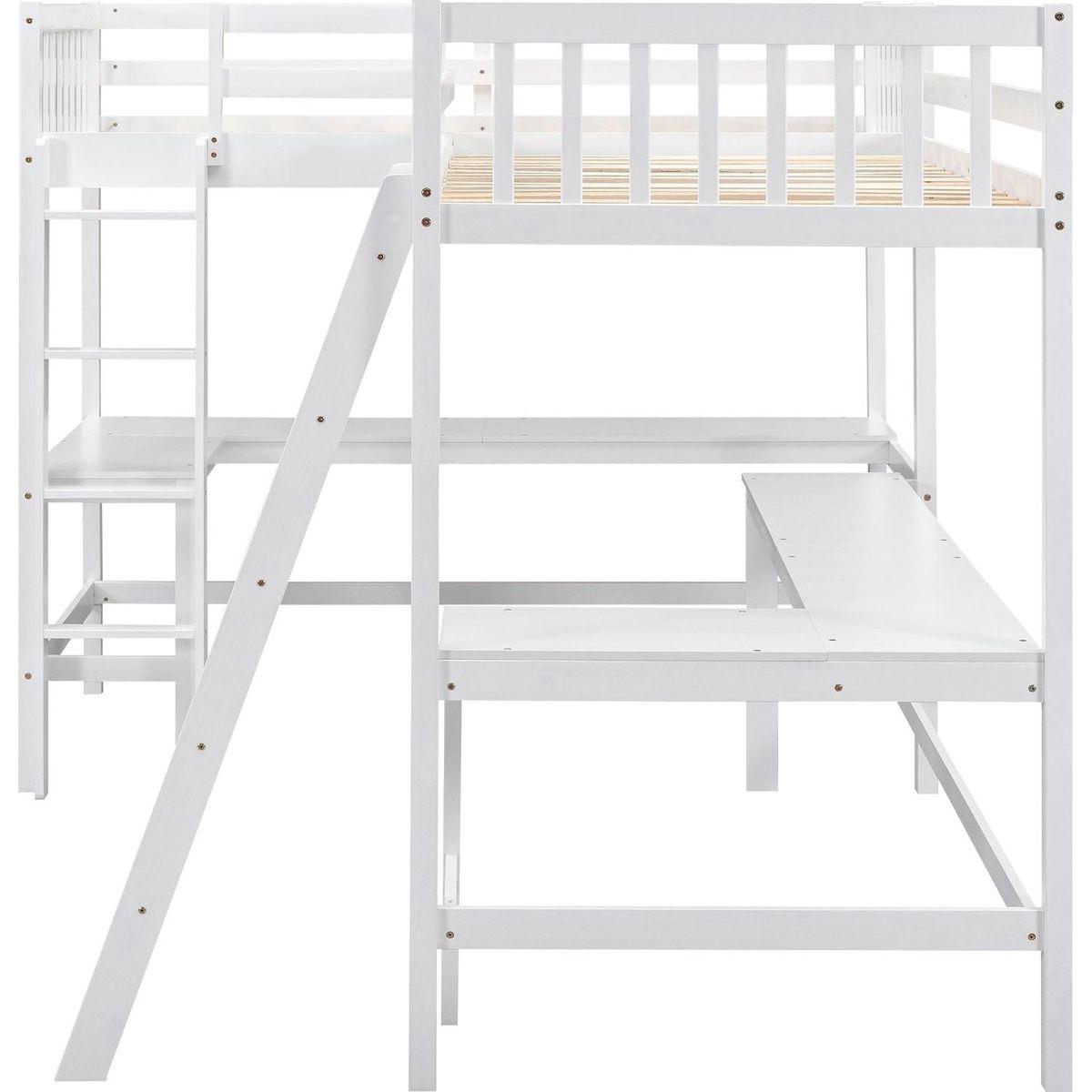 Wood Twin Size L-Shaped Loft Bed with Ladder and 2 Built-in L-Shaped Desks, White