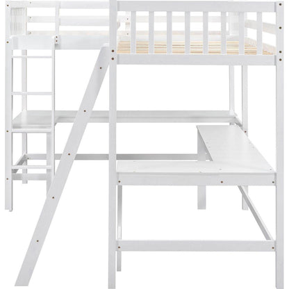 Wood Twin Size L-Shaped Loft Bed with Ladder and 2 Built-in L-Shaped Desks, White