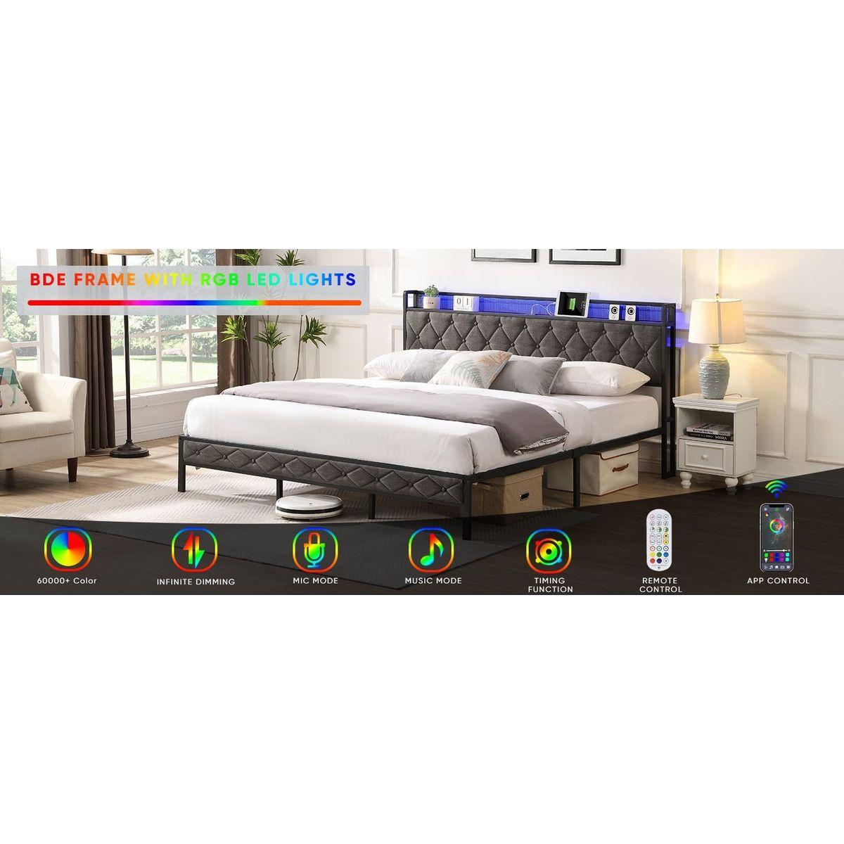 King Bed Frame with Storage Headboard, Charging Station and LED Lights, Upholstered Platform Bed with Heavy Metal Slats, No Box Spring Needed, Noise Free, Easy Assembly, Dark Gray