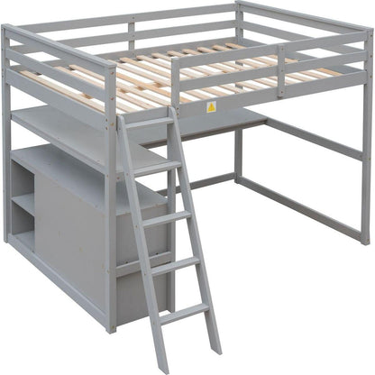 Full Size Loft Bed with Desk and Shelves,Two Built-in Drawers,Gray