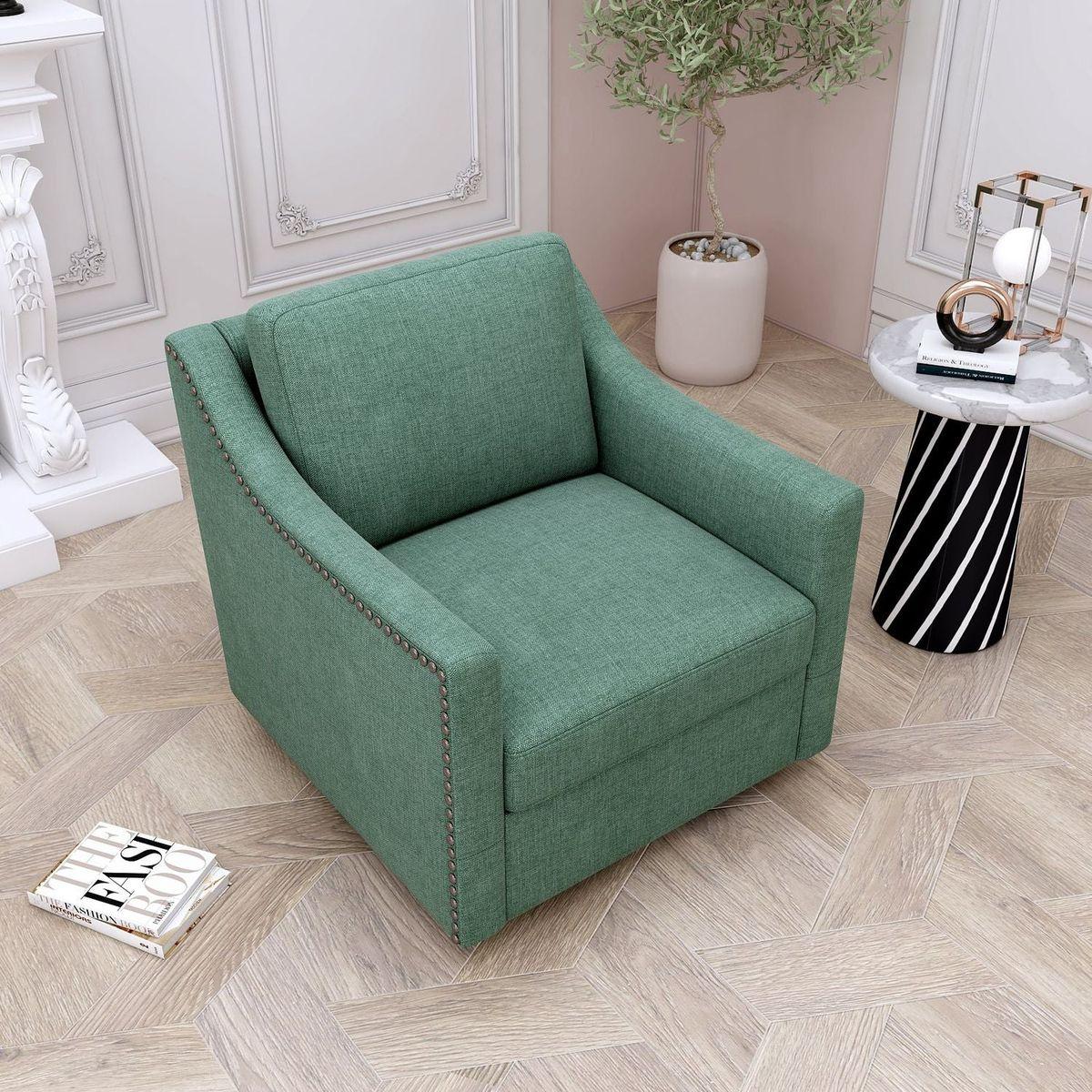 360 Degree Swivel Armchair Cotton linen skin-friendly fabric Ergonomic design Brass nail decorative armchair Living room chairs Bedroom chairs Living room chairs Black legs Suitable for indoor homes