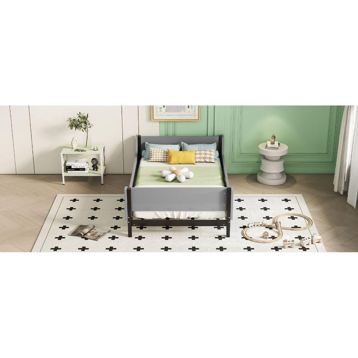 Twin Bed with Headboard, Footboard, Safeguards, Built-in Bed-end Book Storage Rack, Grey