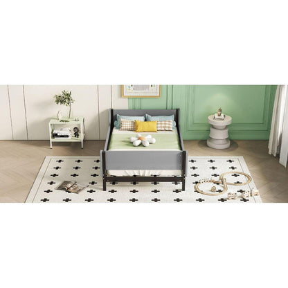 Twin Bed with Headboard, Footboard, Safeguards, Built-in Bed-end Book Storage Rack, Grey