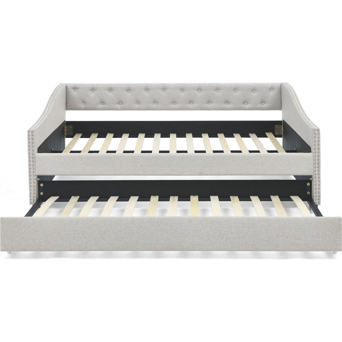 Full Size Daybed with Twin Size Trundle Upholstered Tufted Sofa Bed, with Button on Back and Copper Nail on Waved Shape Arms,Beige (80.5"x55.5"x27.5")