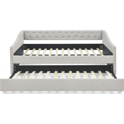 Full Size Daybed with Twin Size Trundle Upholstered Tufted Sofa Bed, with Button on Back and Copper Nail on Waved Shape Arms,Beige (80.5"x55.5"x27.5")