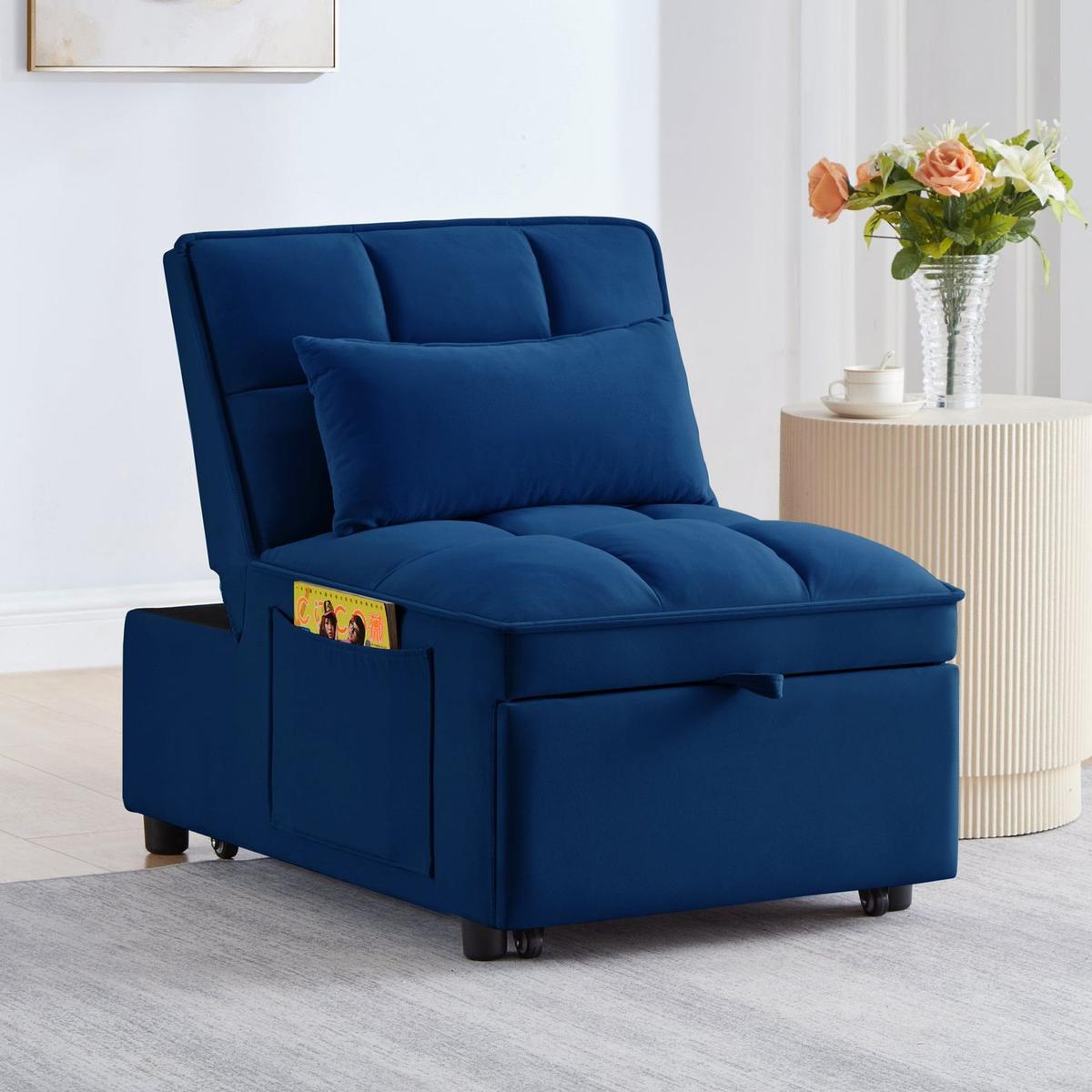 4 in1 Multi-Function Single Sofa Bed with Storage Pockets,Tufted Single Pull-out Sofa Bed with Adjustable Backrest and Pillows, Convertible Chaise Lounge, Navy