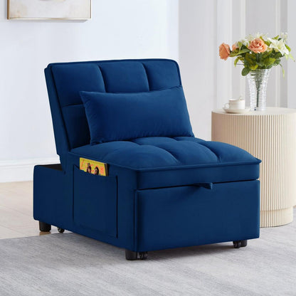 4 in1 Multi-Function Single Sofa Bed with Storage Pockets,Tufted Single Pull-out Sofa Bed with Adjustable Backrest and Pillows, Convertible Chaise Lounge, Navy