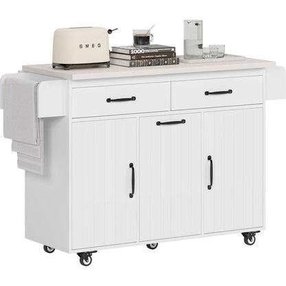 Kitchen Island with Trash Can Storage Cabinet, Kitchen Cart with Drop Leaf, Spice Rack, Towel Rack and Drawer, Rolling Kitchen Island on Wheels with Adjustable Shelf, White