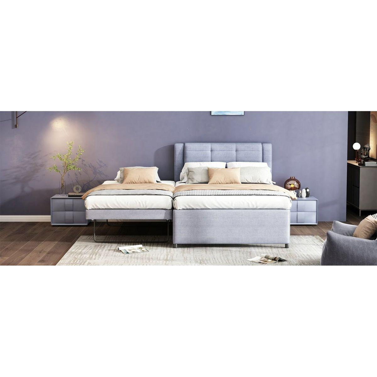 Full Size Upholstery platform bed with Trundle,Trundle can be flat or erected, Gray
