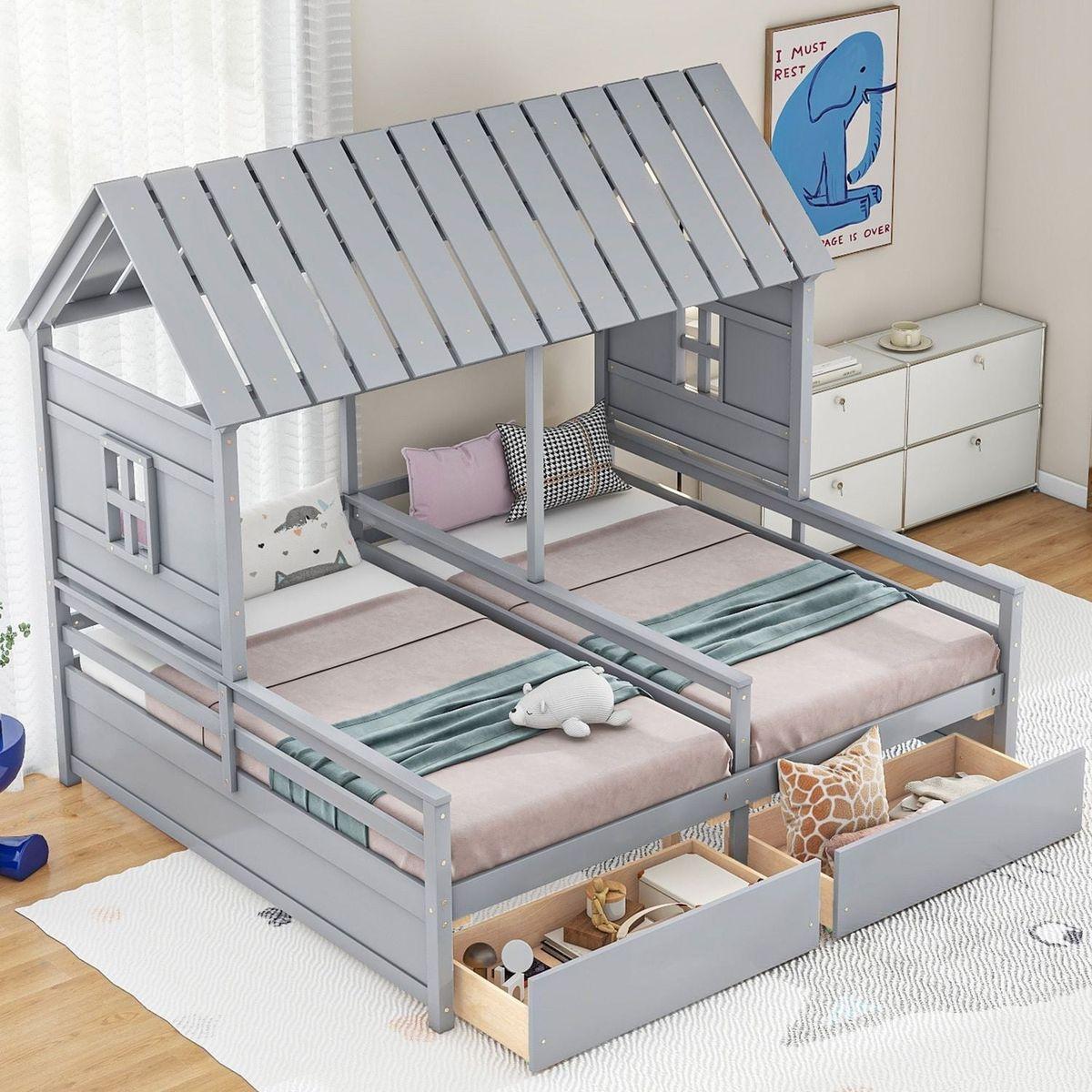 Twin Size House Platform Beds with Two Drawers for Boy and Girl Shared Beds, Combination of 2 Side by Side Twin Size Beds, Gray