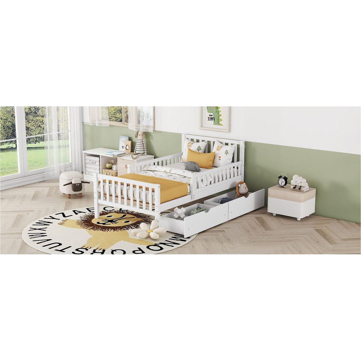 Twin Size Wood Platform Bed with Guardrails on Both Sides and Two Storage Drawers, White