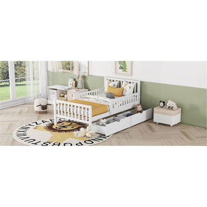 Twin Size Wood Platform Bed with Guardrails on Both Sides and Two Storage Drawers, White