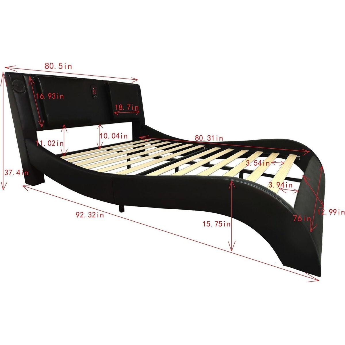 Faux Leather Upholstered Platform Bed Frame with led lighting, Bluetooth connection to play music control, Backrest vibration massage, Curve Design, Wood Slat Support, Exhibited Speakers,King Size