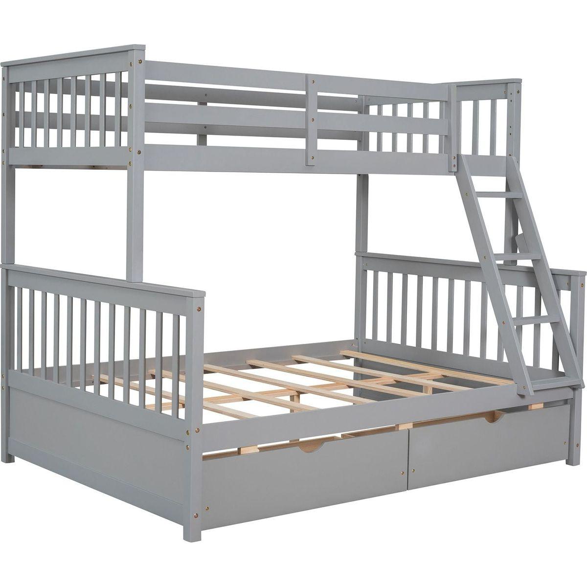 Twin-Over-Full Bunk Bed with Ladders and Two Storage Drawers(Gray){o