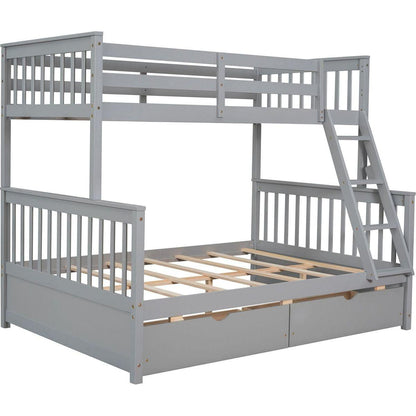 Twin-Over-Full Bunk Bed with Ladders and Two Storage Drawers(Gray){o