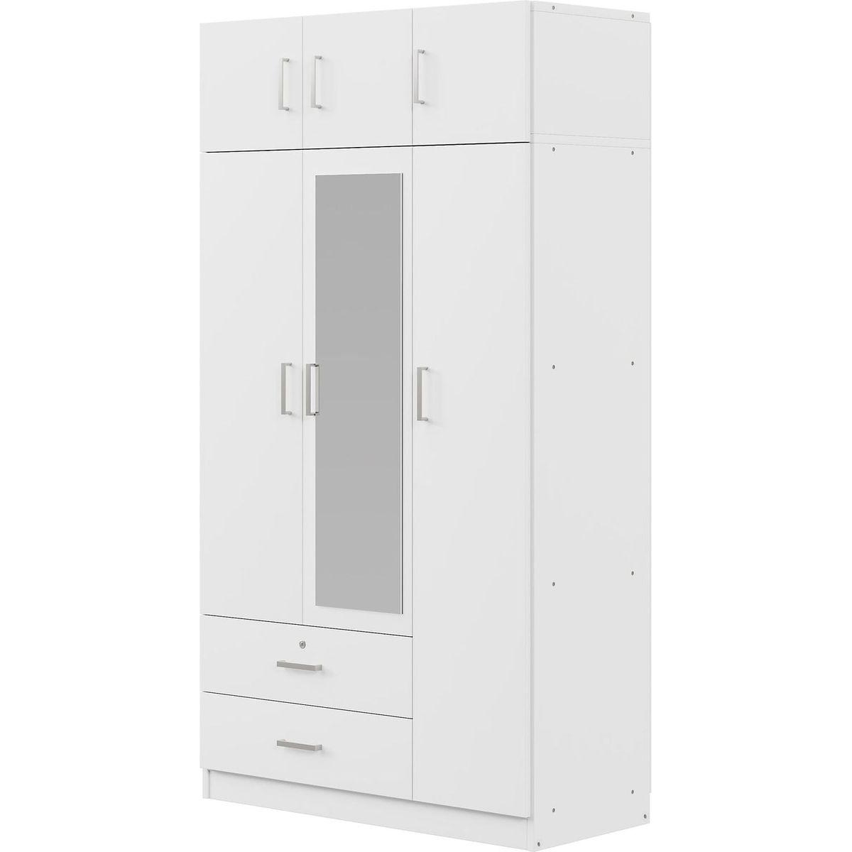 3-Door Mirror Wardrobe with 2 Drawers and Top Cabinet,White