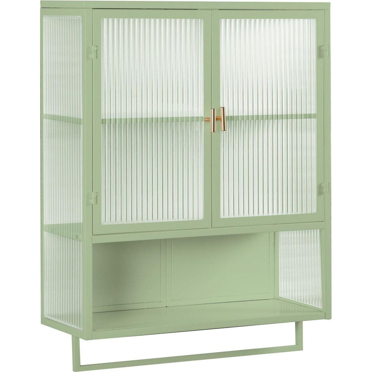 23.62"Glass Doors Modern Two-door Wall Cabinet with Featuring Two-tier Enclosed Storage, an Open Shelf, and Towel Rack, for Entryway Living Room Bathroom Dining Room,Green