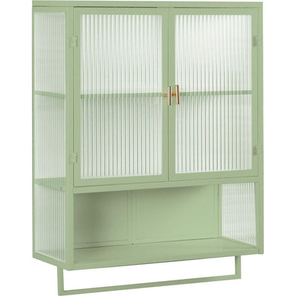 23.62"Glass Doors Modern Two-door Wall Cabinet with Featuring Two-tier Enclosed Storage, an Open Shelf, and Towel Rack, for Entryway Living Room Bathroom Dining Room,Green