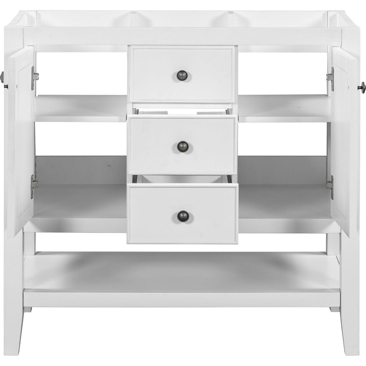 36" Bathroom Vanity without Sink, Cabinet Base Only, Two Cabinets and Drawers, Open Shelf, Solid Wood Frame, White