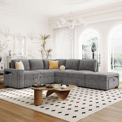 L-shaped Padded Modular Sofa with Storage Space, USB Ports, and Cup Holders on the Armrests, Suitable for Living Rooms, Offices, and Apartments.