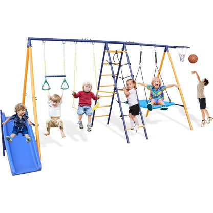 500 lbs 7 in 1 Swing Set for Kids Backyard Outdoor A-Frame Heavy-Duty Metal Swing Sets with Slide, 2 Swing Seats, 1 Climbing Net & Ladder, 1 Gym Ring, 1 Basket