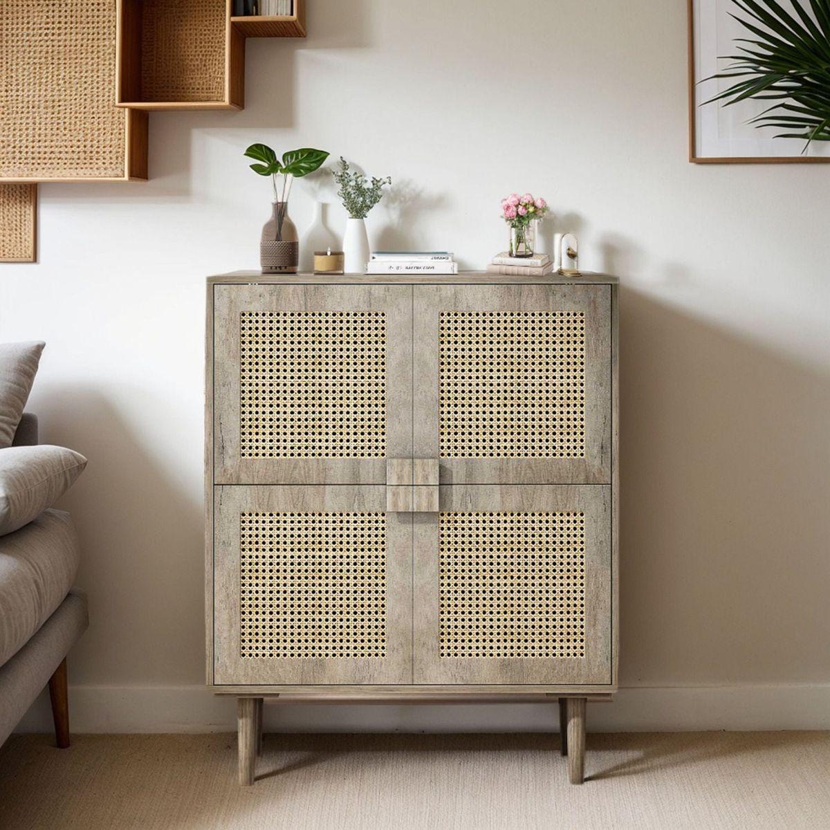 4-Doors Rattan Mesh Storage Cabinet, Sideboard with Eight Storage Spaces, for Entryway, Living Room, Hallway (Grey with Woodgrain)