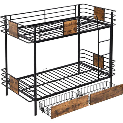 Twin XL over Twin XL Metal Bunk Bed with MDF Board Guardrail and Two Storage Drawers,Black