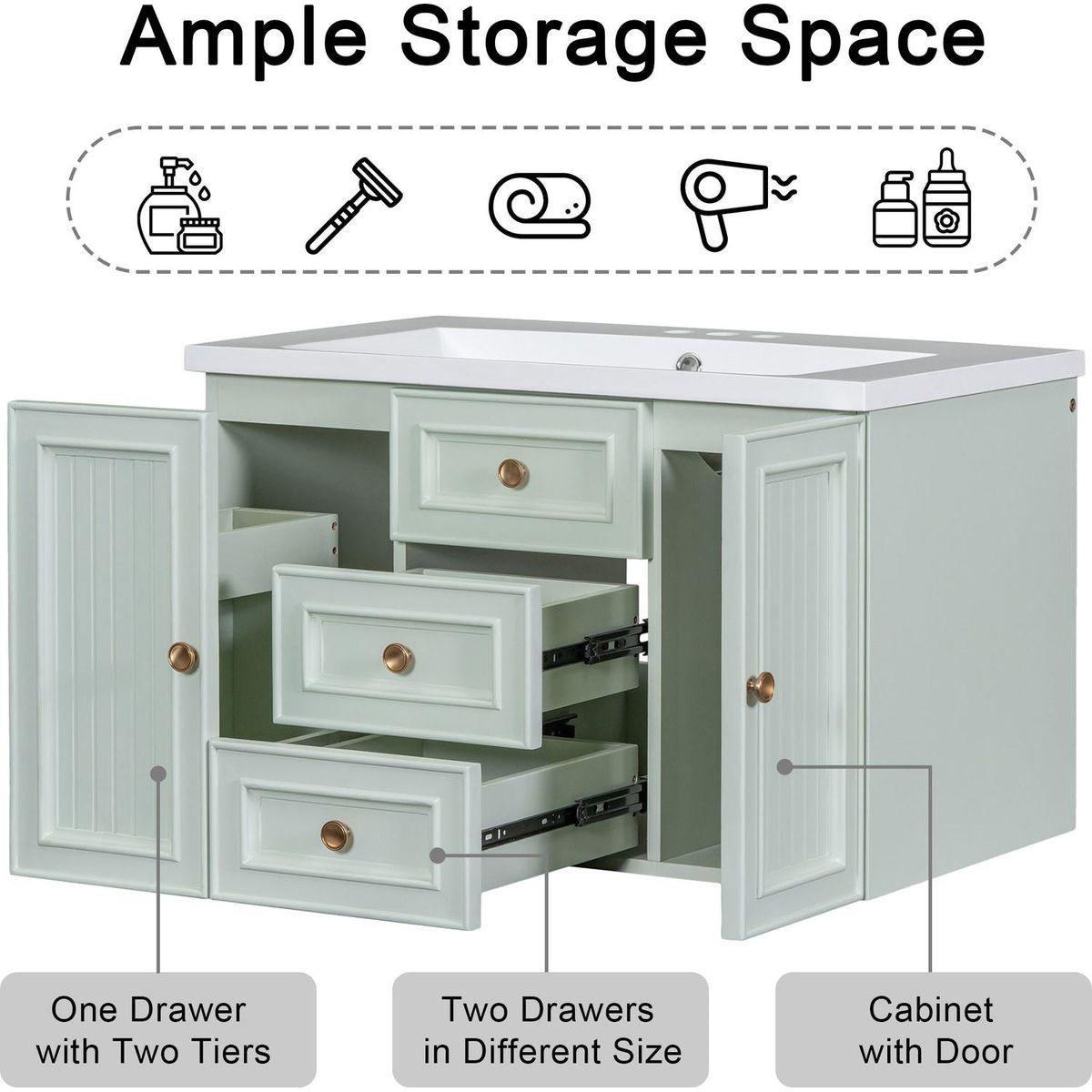 30" Wall Mounted Bathroom Vanity with Sink Combo, Functional Drawer, Solid Wood & MDF Board & Ceramic, Green