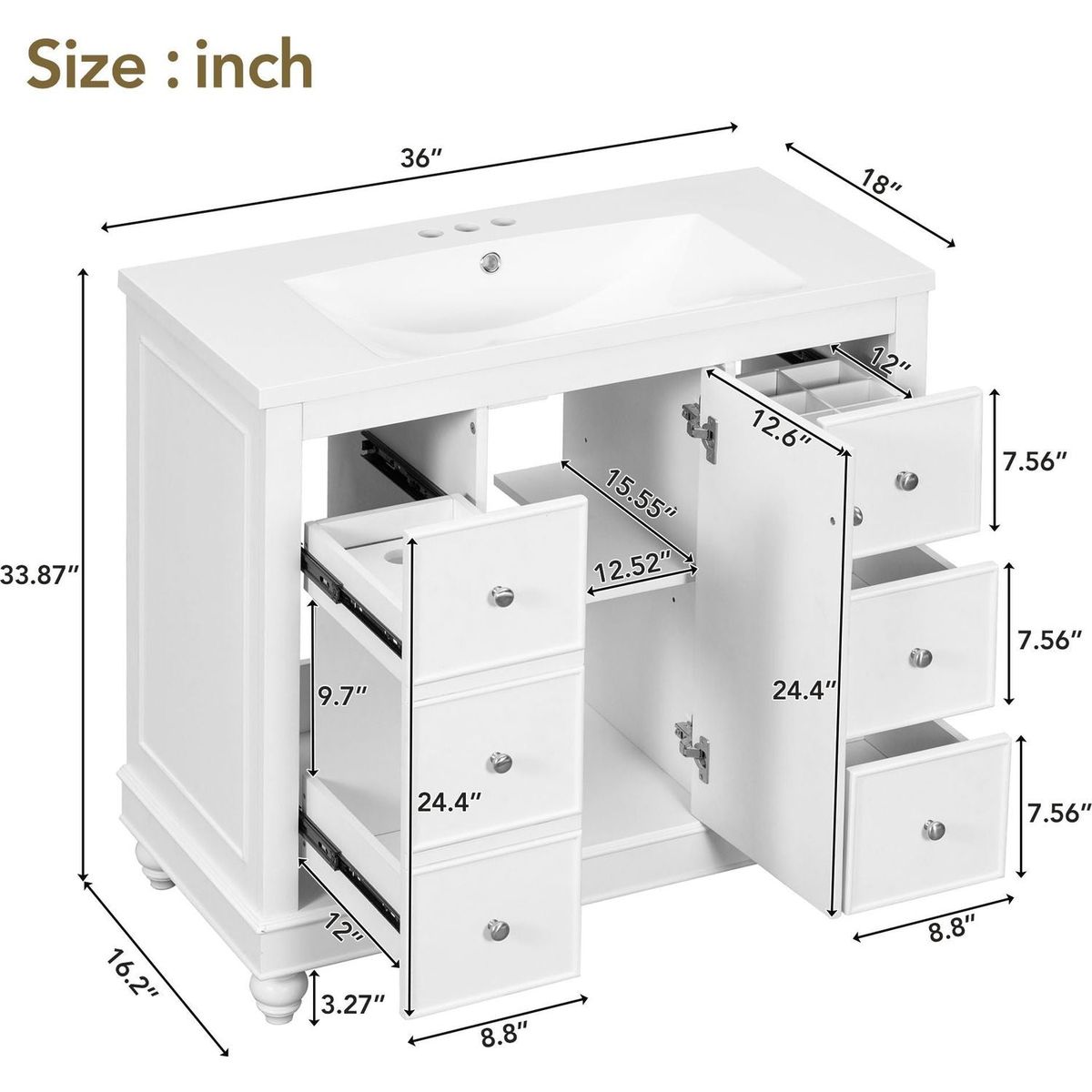 Contemporary White Bathroom Vanity Cabinet - 36x18x34 inches, 4 Drawers & 1 Cabinet Door, Multipurpose Storage, Resin Integrated Sink, Adjustable Shelves, Solid Wood Frame with MDF