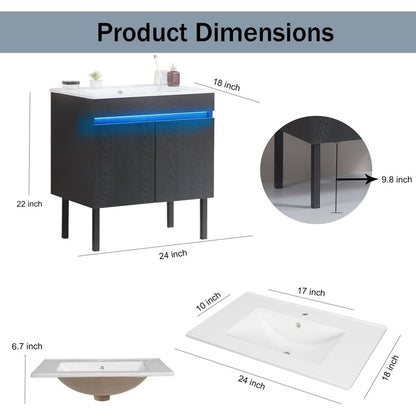 24" Bathroom Vanity with Sink, Radar Sensing Light, Large Storage Space and Metal legs, Wall Mounted/Standing Bathroom Vanity Sink,Black