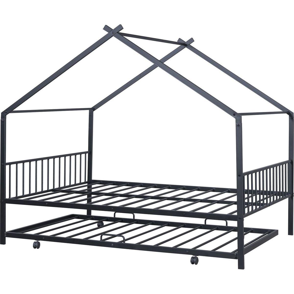 Full Size Metal House Bed with Twin Size Trundle, Black