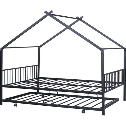 Full Size Metal House Bed with Twin Size Trundle, Black