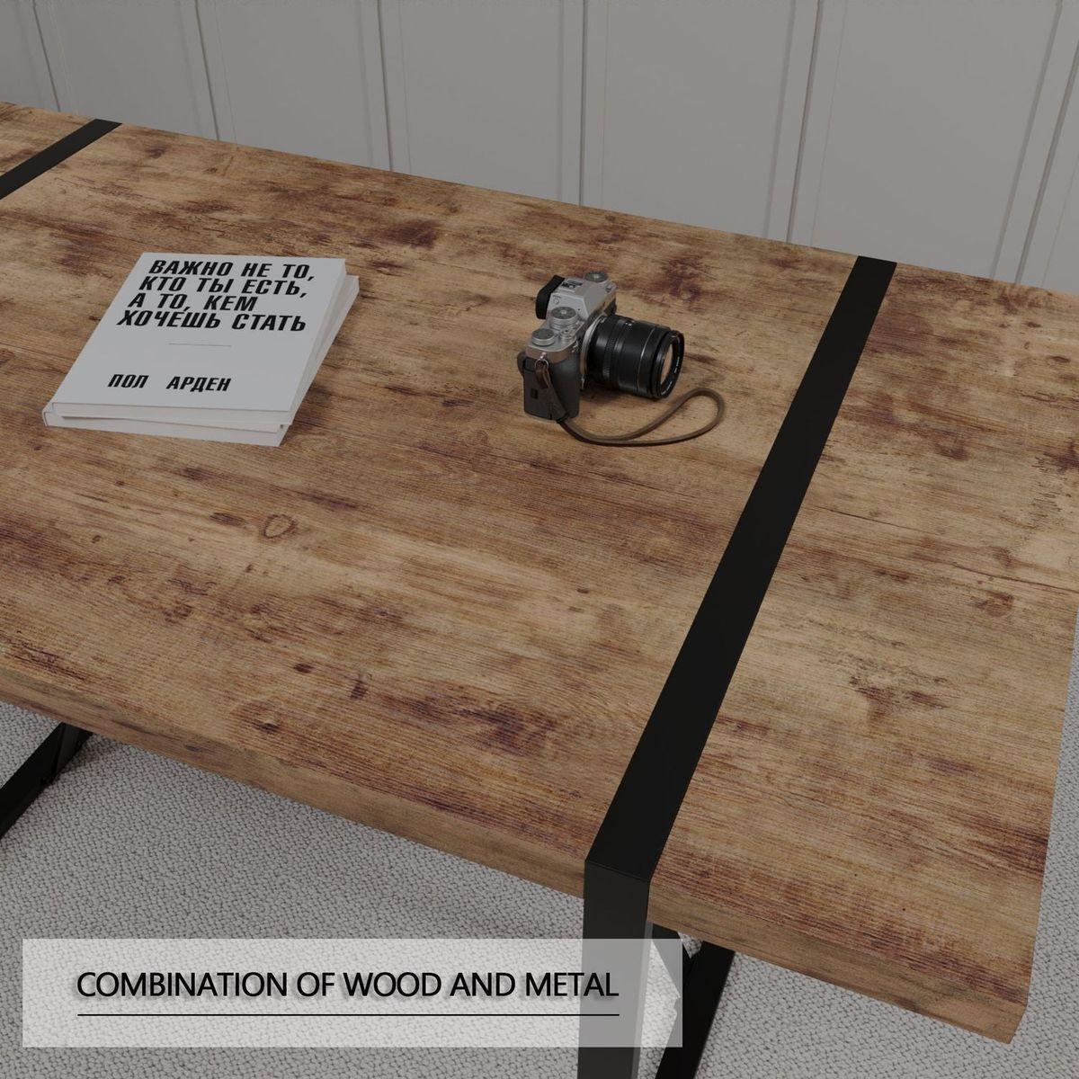 55 "rural industrial rectangular MDF dark wood dining table, 4-6 people, 1.5" thick engineering wood tabletop and black rectangular metal legs, used for writing desk, kitchen, terrace, dining room