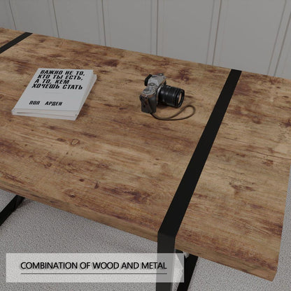 55 "rural industrial rectangular MDF dark wood dining table, 4-6 people, 1.5" thick engineering wood tabletop and black rectangular metal legs, used for writing desk, kitchen, terrace, dining room