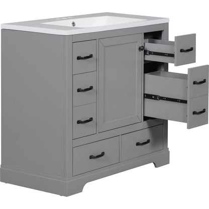 36" Bathroom Vanity with Sink Combo, Six Drawers, Multi-Functional Drawer Divider, Adjustable Shelf, Grey