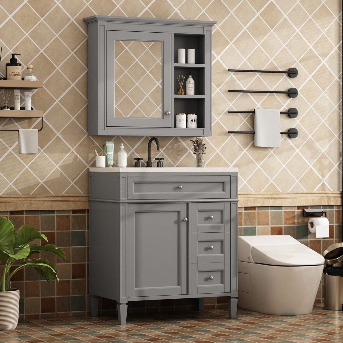 30" Bathroom Vanity with Top Sink, Modern Bathroom Storage Cabinet with 2 Drawers and a Tip-out Drawer, Freestanding Vanity Set with Mirror Cabinet, Single Sink Bathroom Vanity