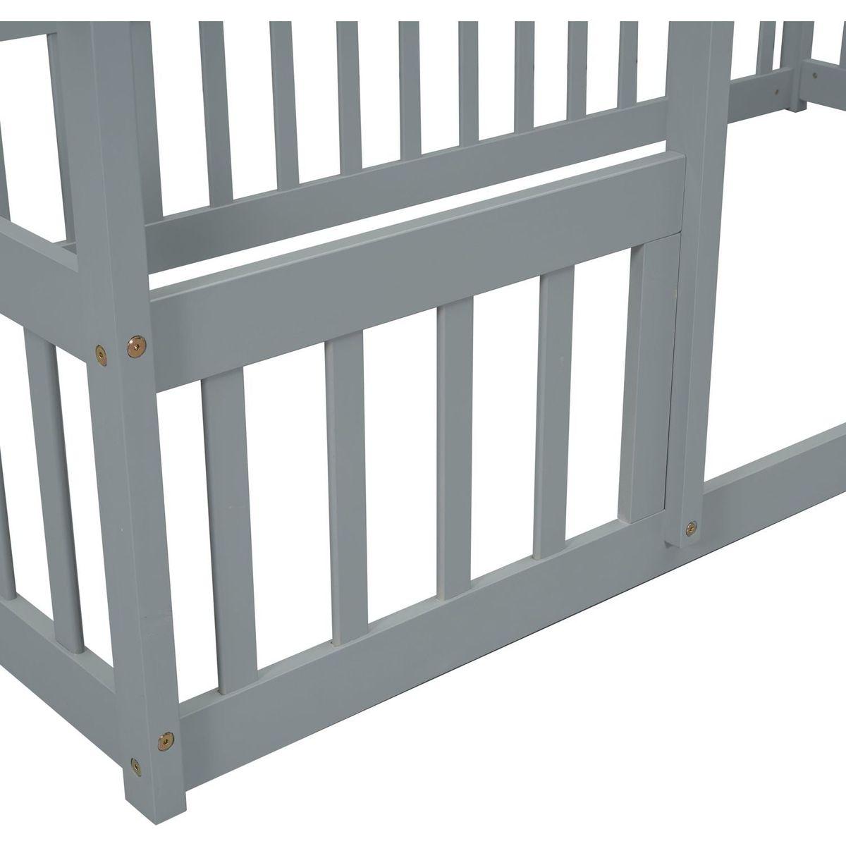 Twin Wood House-Shaped Floor Bed with Fence, Guardrails, Grey