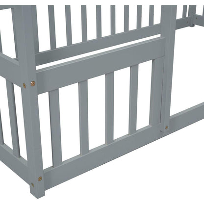 Twin Wood House-Shaped Floor Bed with Fence, Guardrails, Grey