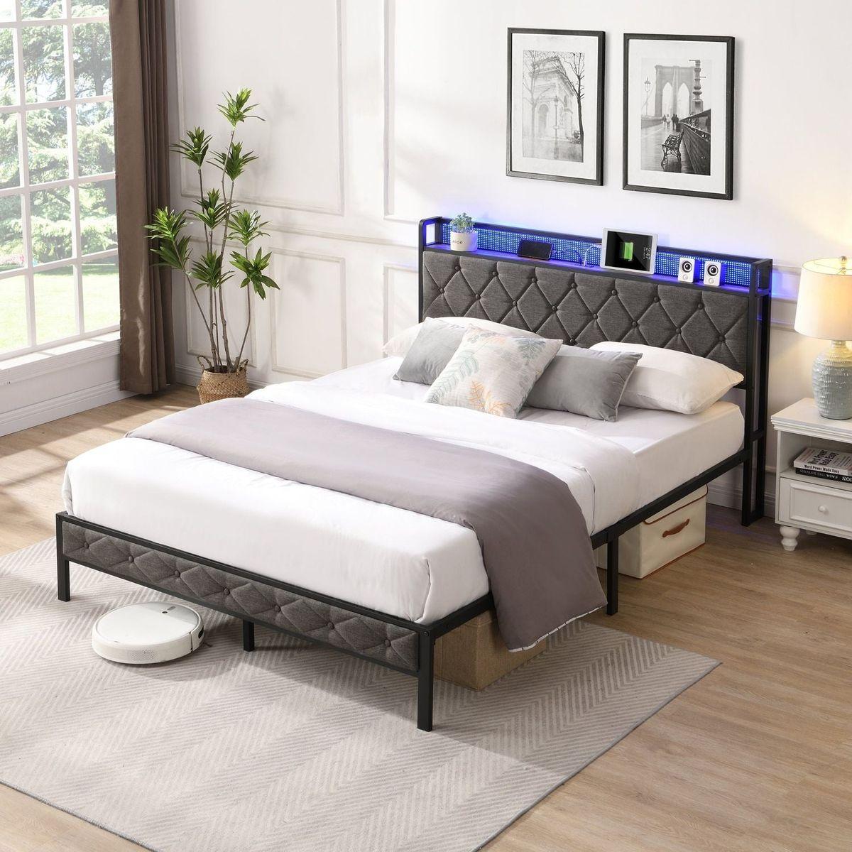 Full Bed Frame with Storage Headboard, Charging Station and LED Lights, Upholstered Platform Bed with Heavy Metal Slats, No Box Spring Needed, Noise Free, Easy Assembly, Dark Gray