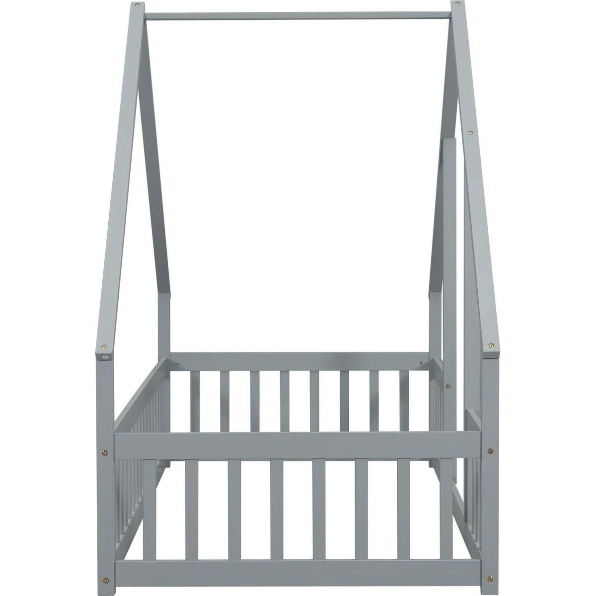 Twin Wood House-Shaped Floor Bed with Fence, Guardrails, Grey