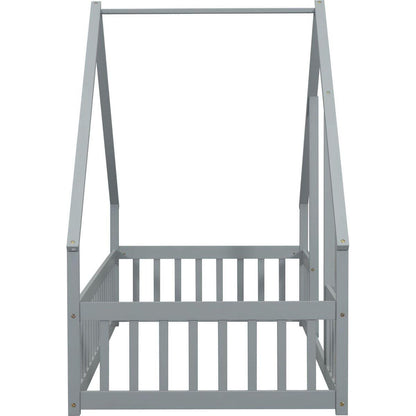 Twin Wood House-Shaped Floor Bed with Fence, Guardrails, Grey