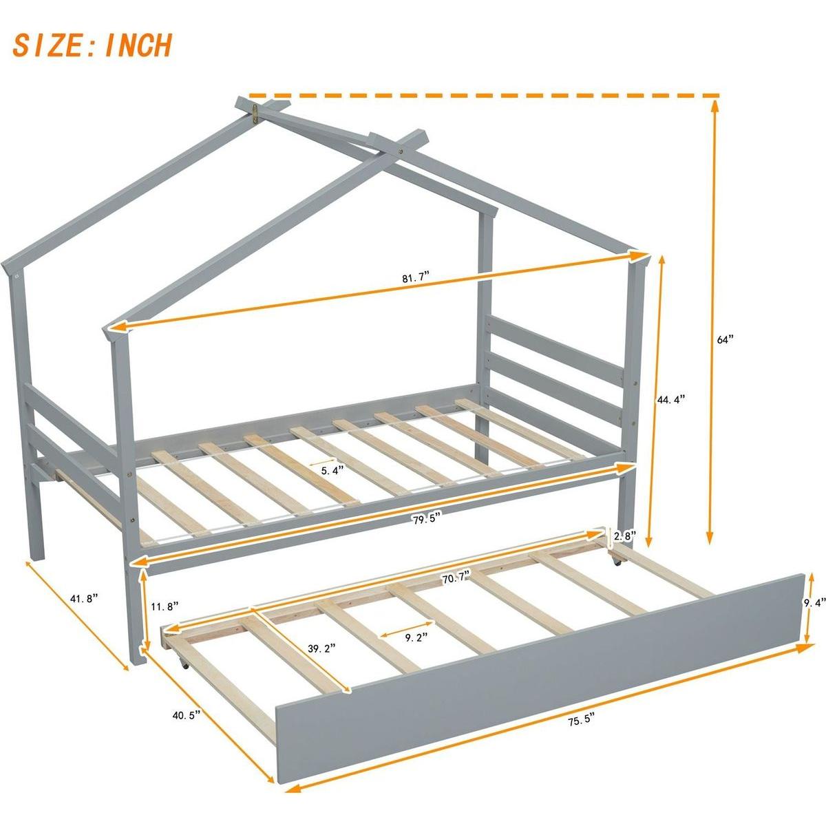 Twin Size House-shaped Bed with Trundle,Grey