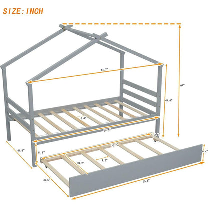 Twin Size House-shaped Bed with Trundle,Grey