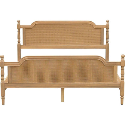 Traditional Style Rattan Queen Size Bed Frame,No Box Spring Needed,Antique Walnut