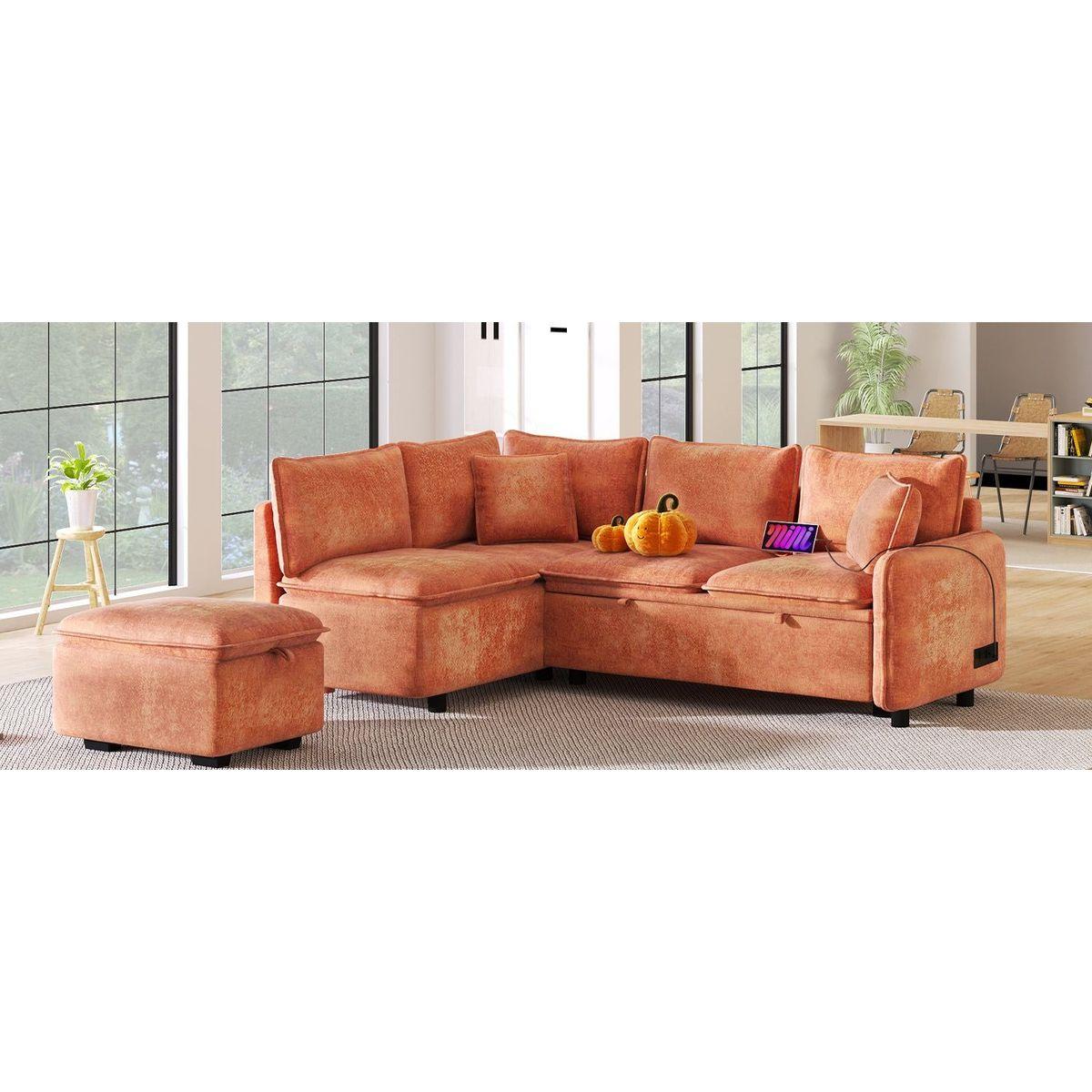 82.67"Convertible Sofa Bed Sectional Sofa Sleeper L-shaped Sofa with a Storage Ottoman,Two Pillows, Two Power Sockets and Two USB Ports for Living Room, Orange