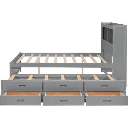 Full Size platform bed with trundle, drawers and USB plugs, Gray