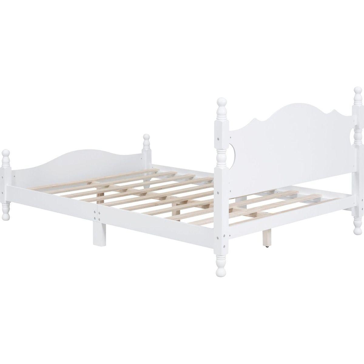 Full Size Wood Platform Bed Frame,Retro Style Platform Bed with Wooden Slat Support,White