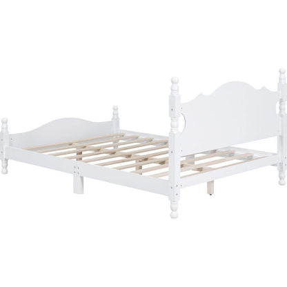 Full Size Wood Platform Bed Frame,Retro Style Platform Bed with Wooden Slat Support,White
