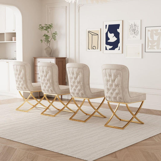 Dining Chair Set of 4, Beige velvet Backrest and golden Metal legs.For Modern Kitchen Dining Room Chair for Kitchen Living Modern decorative Leisure chairs.Office chairs y-2009